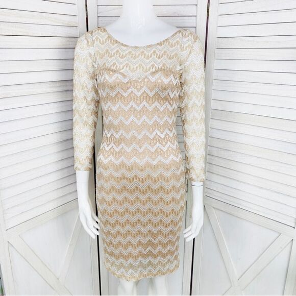 Jump Apparel Lace Sheath Party Dress Metallic Gold Cream Small Knee Length - Picture 1 of 14